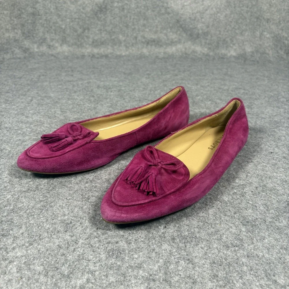 Talbots Tassel Suede‎ Loafers 8.5 M Magenta Pink Leather Bow Pointed Toe Flats